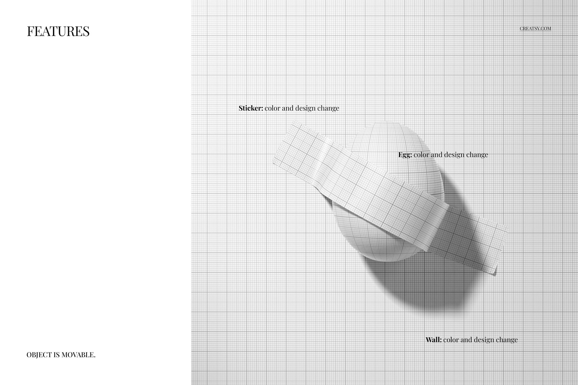 Front view of a white Easter egg taped to a grid-patterned wall, with a wide strip of tape across the egg in a mockup scene.