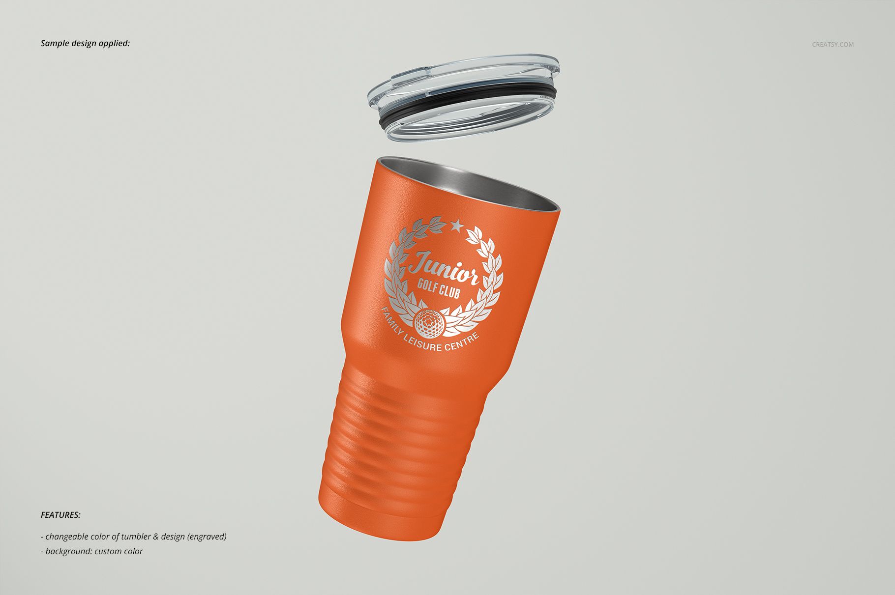 30oz ringneck tumbler mockup in orange with white emblem design, lid separated and displayed above, isolated on pale backdrop.