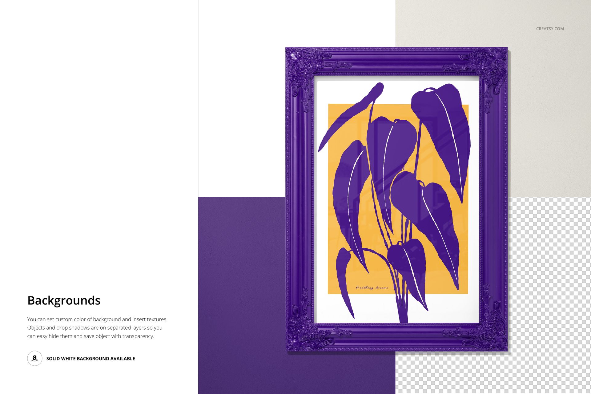 Classic painted picture frame mockup featuring a purple frame and a stylized leaf print on a yellow-orange background.