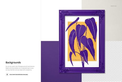 Classic painted picture frame mockup featuring a purple frame and a stylized leaf print on a yellow-orange background.
