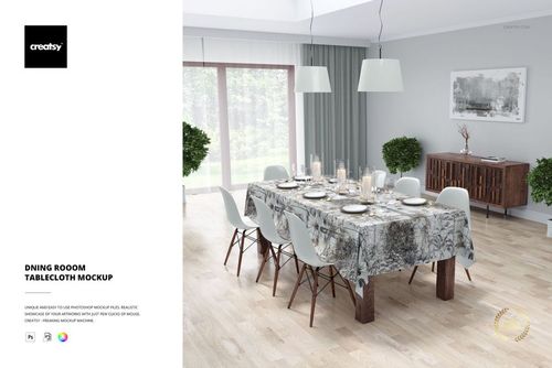 Rectangular dining table covered with a floral tablecloth mockup, surrounded by chairs in a modern dining room.