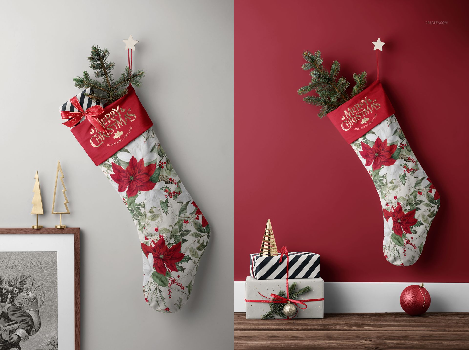 PSD mockup showing a Christmas stocking with poinsettia design, hung on a wall beside wrapped gifts and spruce branches.