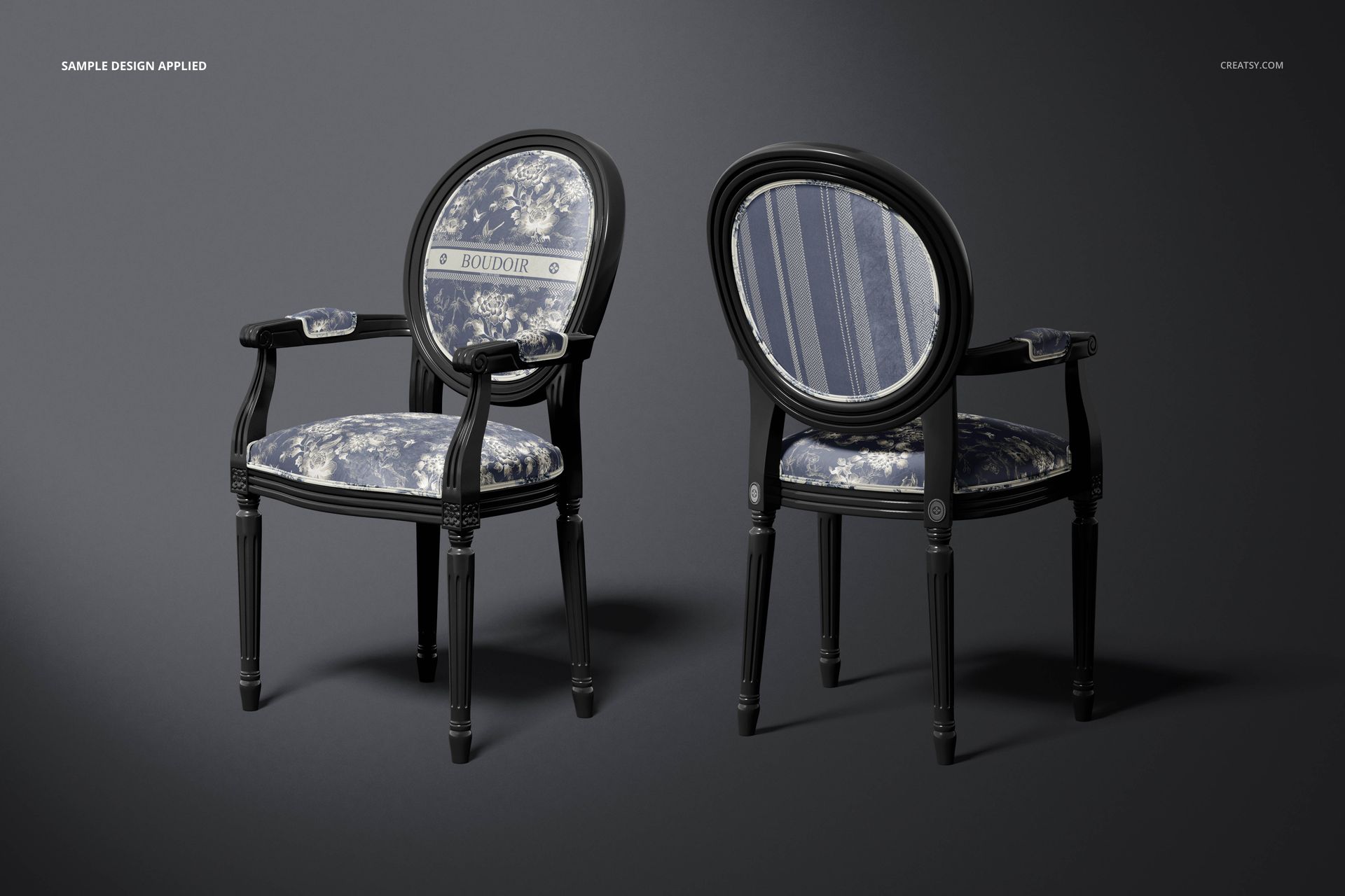 Louis XVI medallion back armchair PSD mockup set displaying blue and gray upholstery designs on a neutral backdrop.
