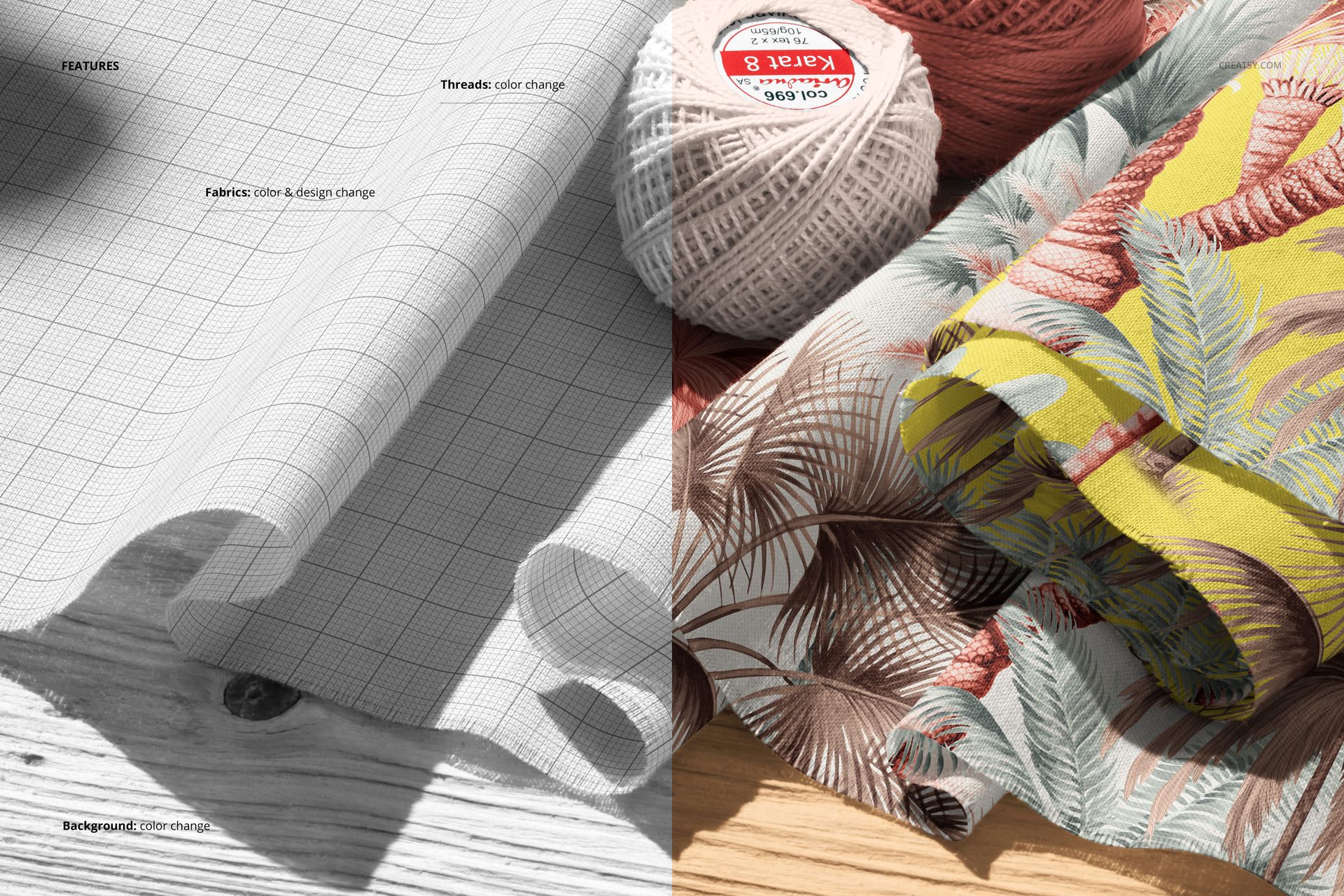 Cotton fabric mockup with crochet threads, showing a grid pattern on the left and colorful leaf designs on the right.