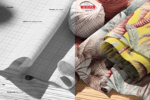 Cotton fabric mockup with crochet threads, showing a grid pattern on the left and colorful leaf designs on the right.