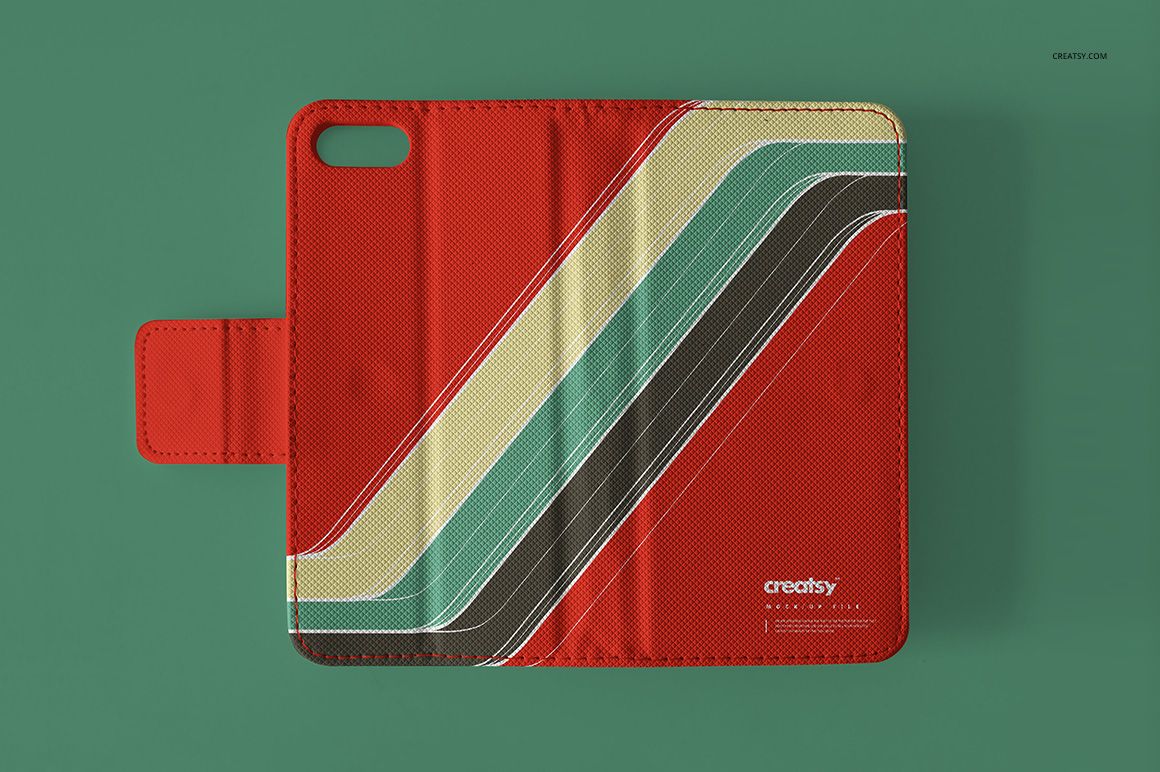Leather wallet phone case mockup displayed open on a green background, featuring diagonal retro stripes in red, cream, green, and black.