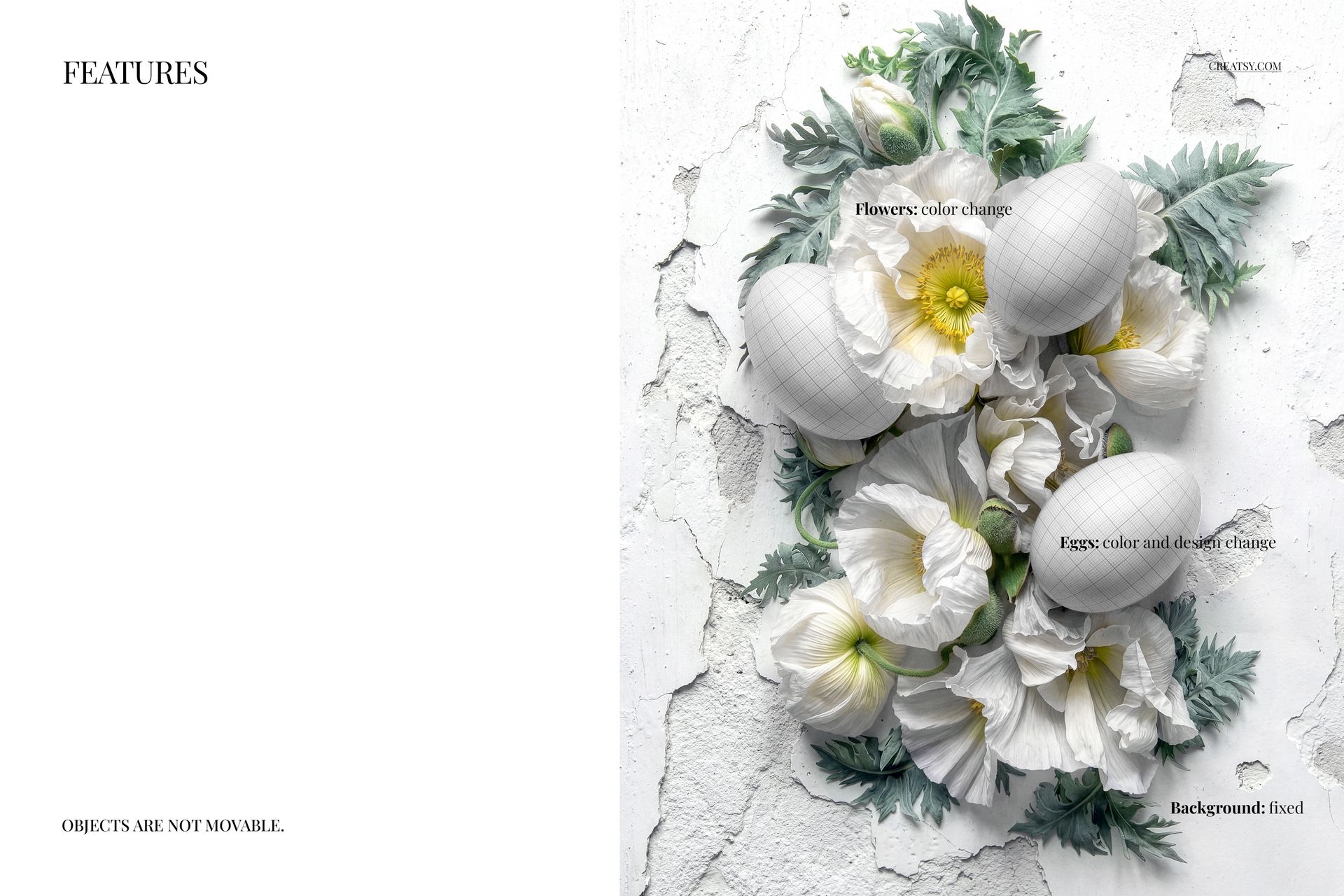 Top view of Easter eggs mockup arranged among white and yellow flowers on a textured plaster background.