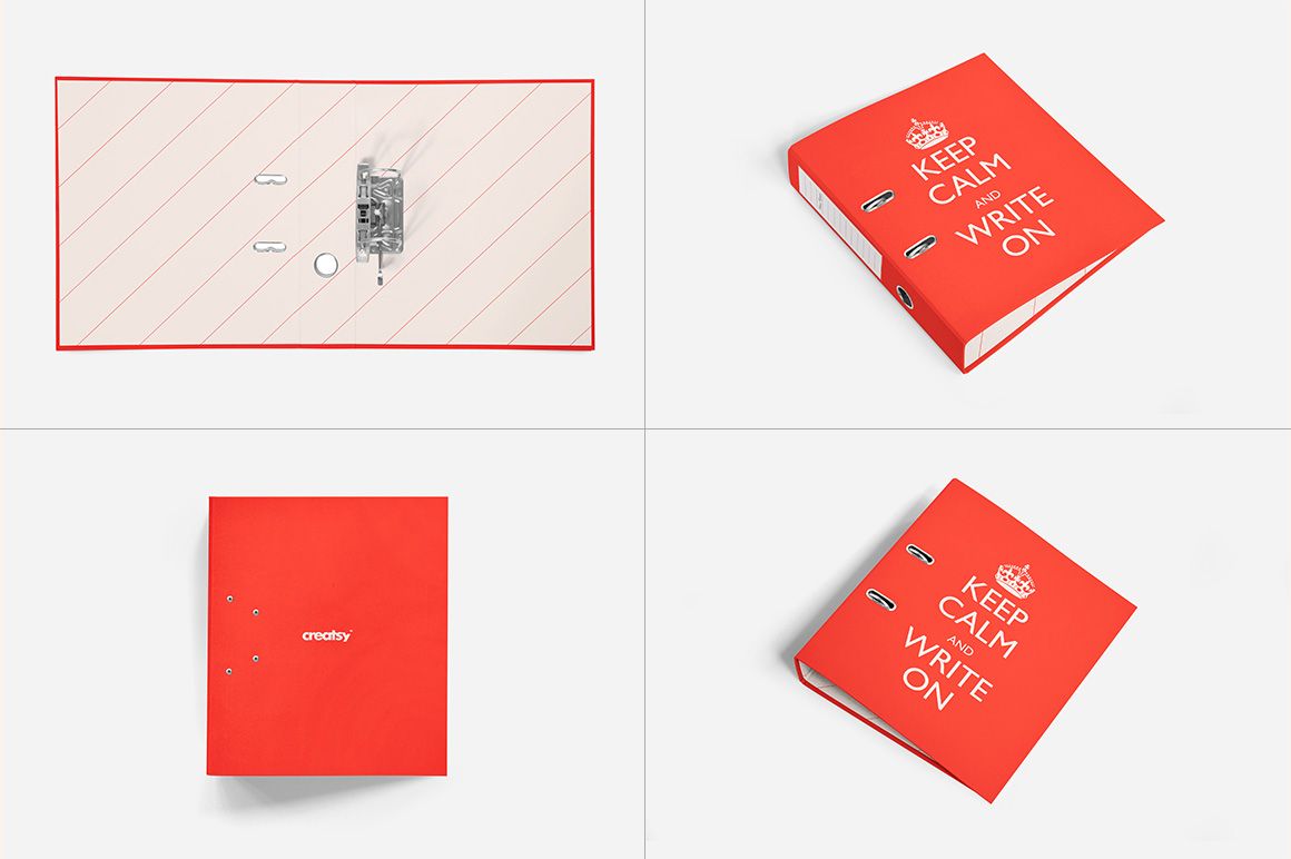 Binder mockup set showing four views of a red binder with white text, including open and closed perspectives.