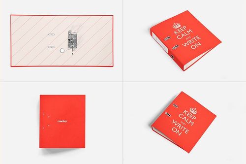Binder mockup set showing four views of a red binder with white text, including open and closed perspectives.