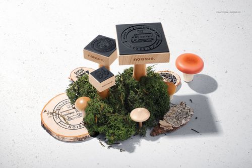 Noissue wooden stamp mockup featuring various stamp shapes on natural moss, tree bark, and wood slices, viewed from above.