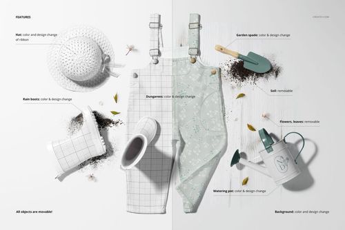PSD mockup featuring children’s dungarees, gardening accessories, rain boots, and flowers arranged on a clean surface.