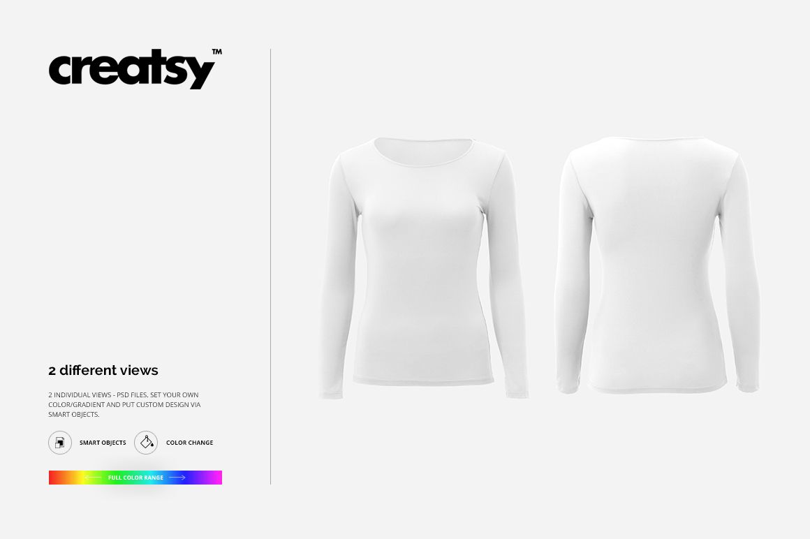 Long sleeve women's shirt mockup set showing front and back views on a plain white background, with neutral lighting.