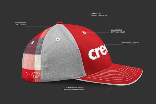 Fullcap PSD mockup shown from the side, highlighting red front, gray side, plaid panel, and white embroidery details.