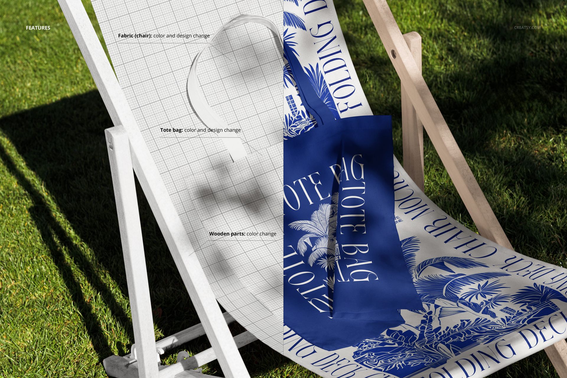Outdoor folding deck chair mockup with customizable fabric and tote bag, shown on a lawn with sunlight and shadows.
