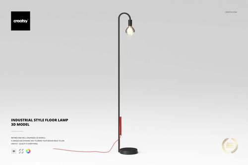 Industrial style floor lamp with a black metal frame, exposed bulb, and red cord, shown on a plain light background.