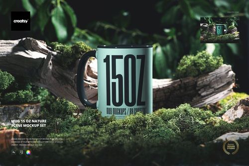 Nature-inspired PSD mockup showing a large mug on a bed of moss, with wood and leafy greenery in the background.
