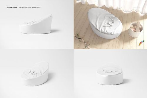 Baby bean bag mockup set featuring a white bean bag in various angles, shown in a bright nursery setting.
