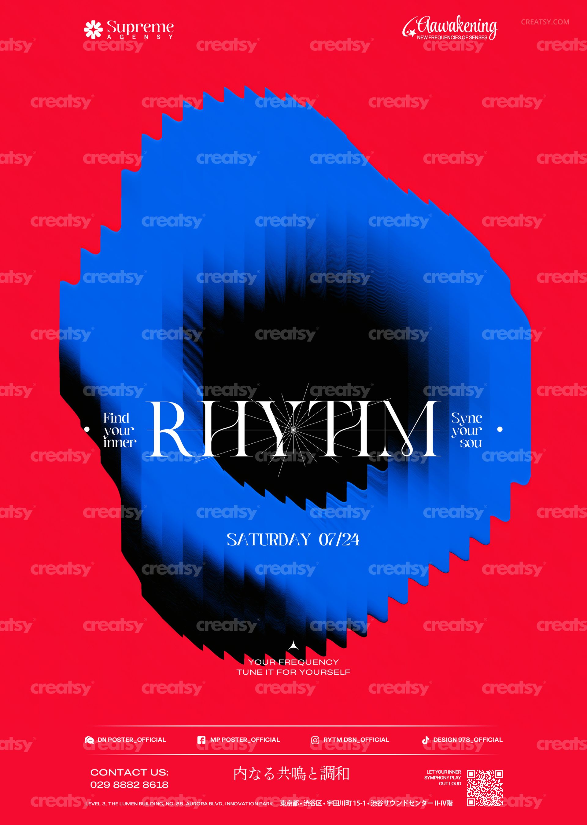 Front view of a PSD mockup poster showing a jagged blue and black shape on vivid red, with centered white lettering.