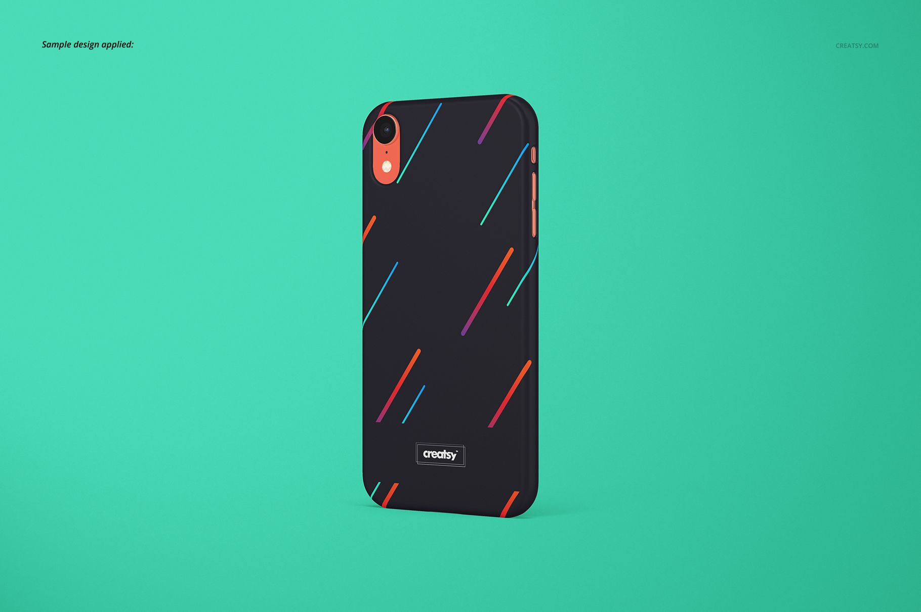 Matte iPhone XR snap case mockup with diagonal colorful lines on a black background, shown from the back on a teal surface.