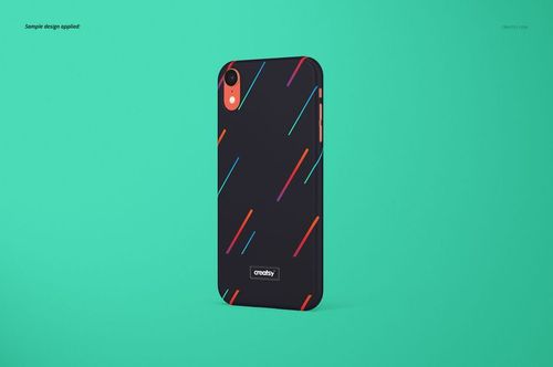 Matte iPhone XR snap case mockup with diagonal colorful lines on a black background, shown from the back on a teal surface.