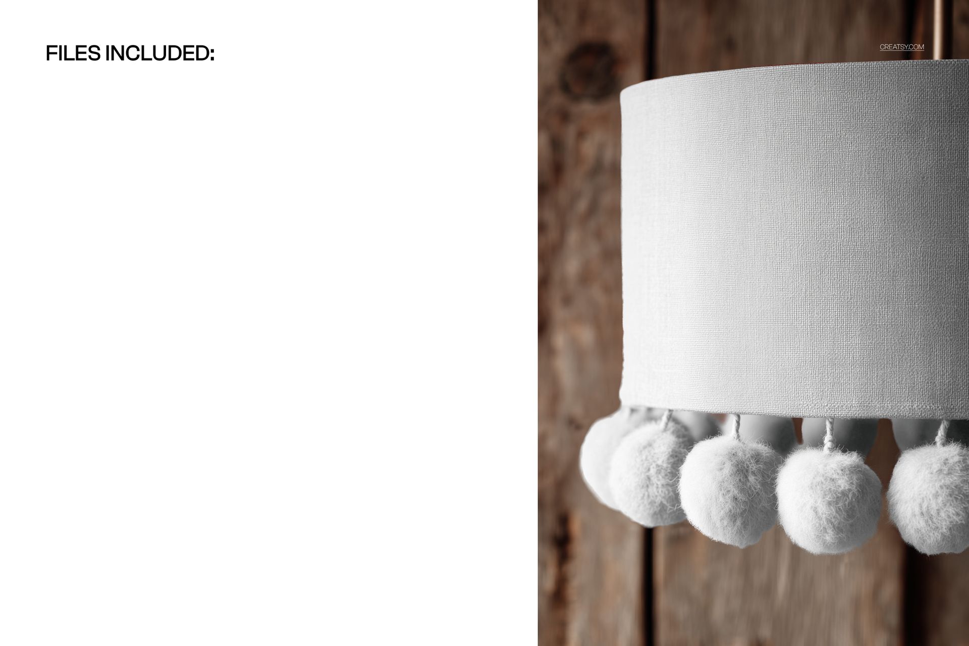 White fabric lampshade featuring fluffy pom pom fringe, shown in a detailed PSD mockup with wood panel backdrop.