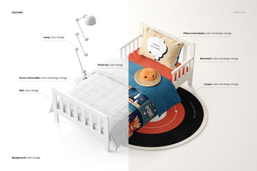 Toddler bedding set mockup featuring a white bed with colorful sheets, pillow, plush toy, and lamp in a bright room.