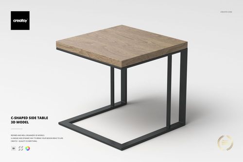 C-shaped side table with a natural wood top and black metal frame, shown from a front angle on a light background.