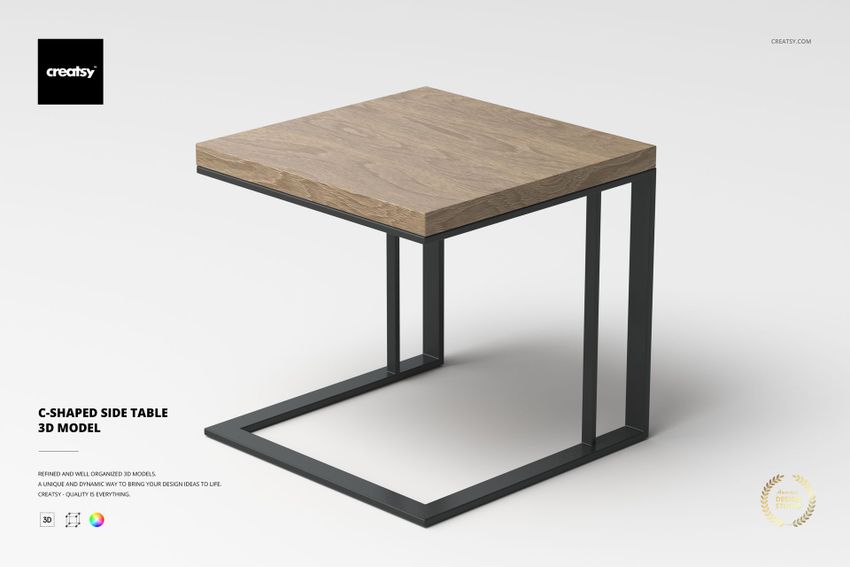 C-shaped side table with a natural wood top and black metal frame, shown from a front angle on a light background.