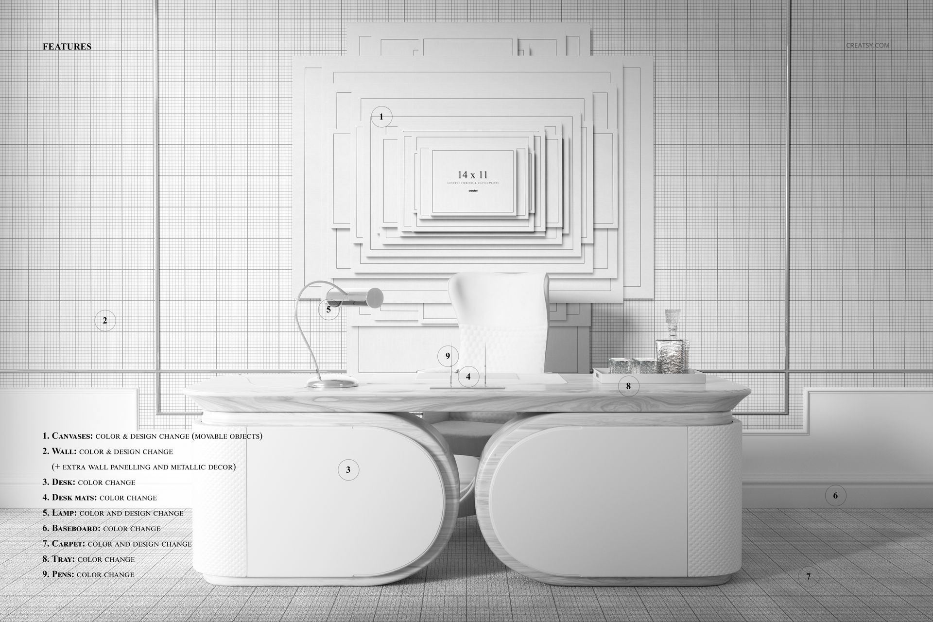 Front view of a modern office desk with a white chair and a canvas print mockup on the wall, set in a minimalist workspace.