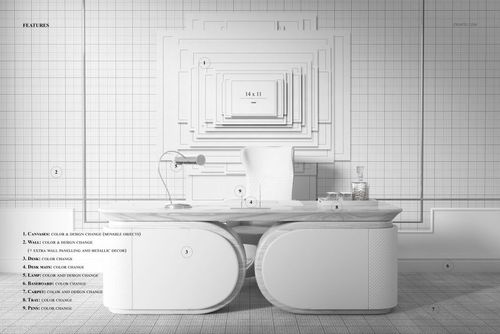 Front view of a modern office desk with a white chair and a canvas print mockup on the wall, set in a minimalist workspace.
