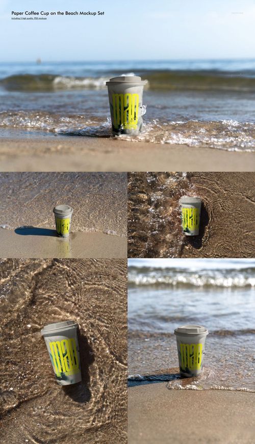 Mockup of a paper cup featuring a gray lid and bold yellow-green design, placed on sandy shore with ocean waves.