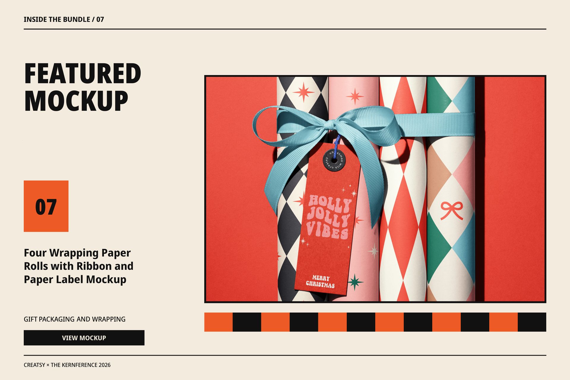 Four Wrapping Paper Rolls with Ribbon and Paper Label Mockup