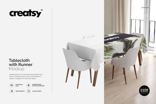 Tablecloth and runner mockup showing tropical leaf pattern on a dining table, viewed from a front angle with bright natural light.