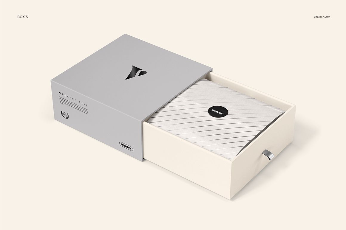Gift box mockup with a partially open drawer, displaying a textured white interior and minimalist gray cover.