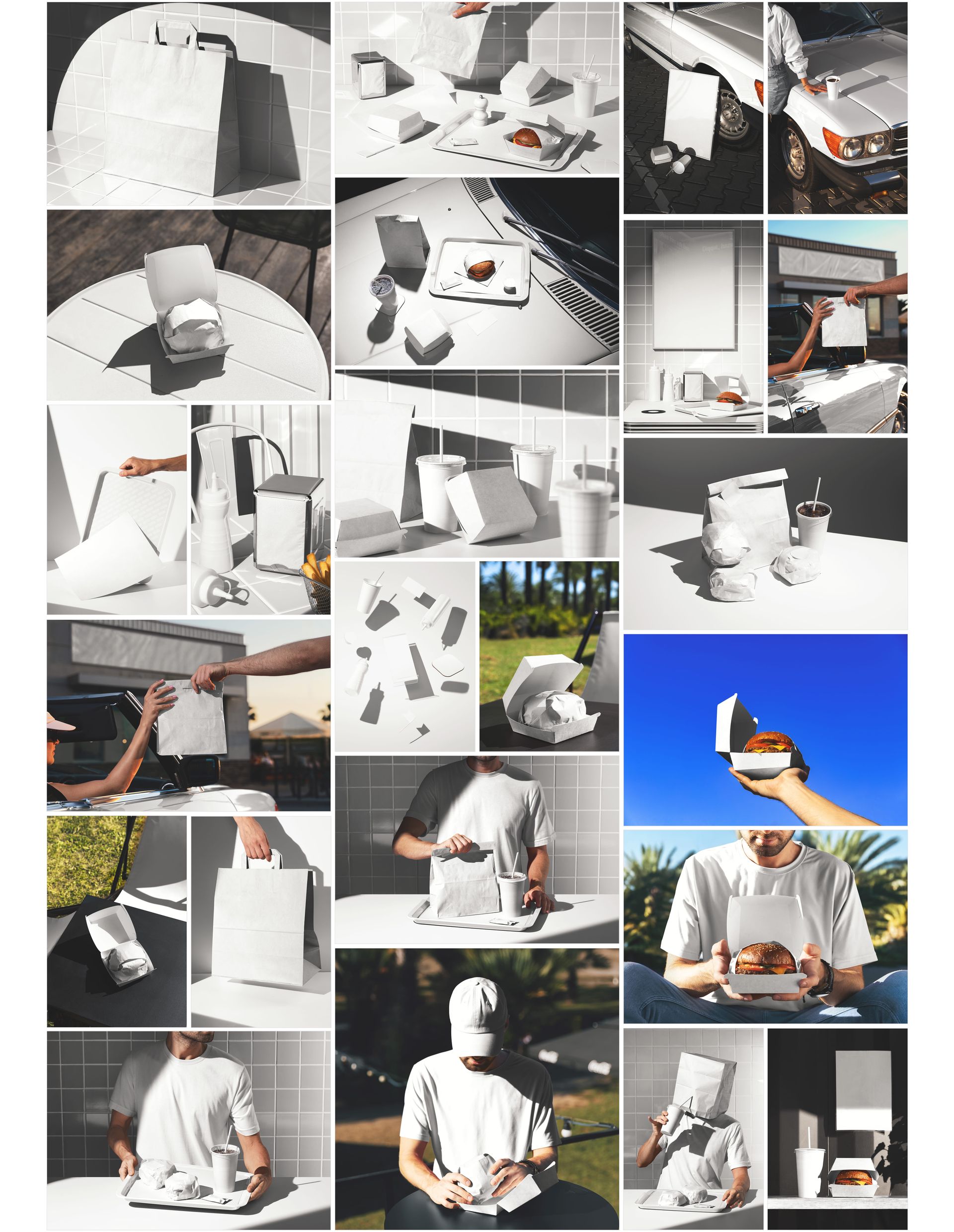 Collage of fast food packaging mockups including burger boxes, paper bags, cups, and trays in various scenes.