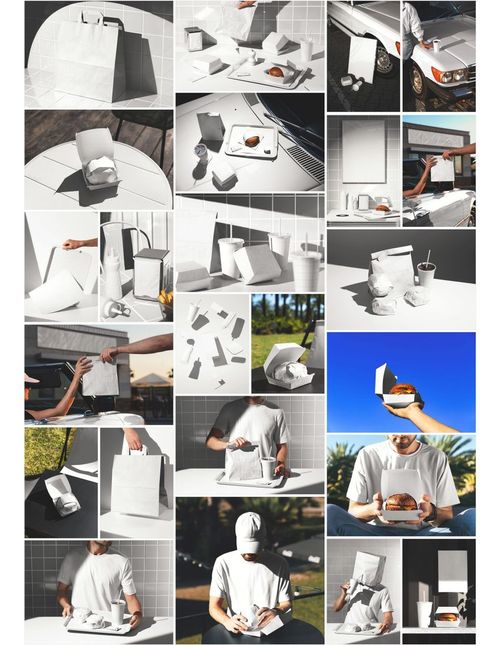 Collage of fast food packaging mockups including burger boxes, paper bags, cups, and trays in various scenes.