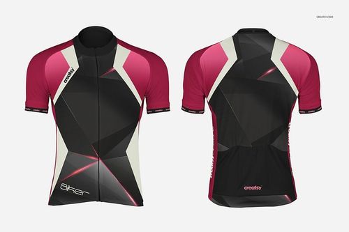 Front and back view of a bike jersey mockup featuring geometric black, pink, and white panels on short sleeves.