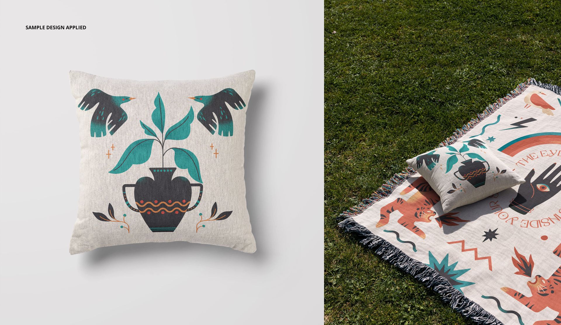 PSD mockup of a square woven pillow with earthy illustration, paired with a decorative blanket in an outdoor setting.