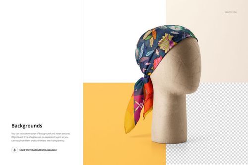 Front view of a mannequin head wearing a colorful habotai silk scarf with floral and leaf patterns, shown in a mockup scene.