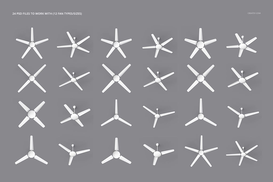 Set of assorted ceiling fan mockups with three and four blade designs, evenly spaced against a gray background.