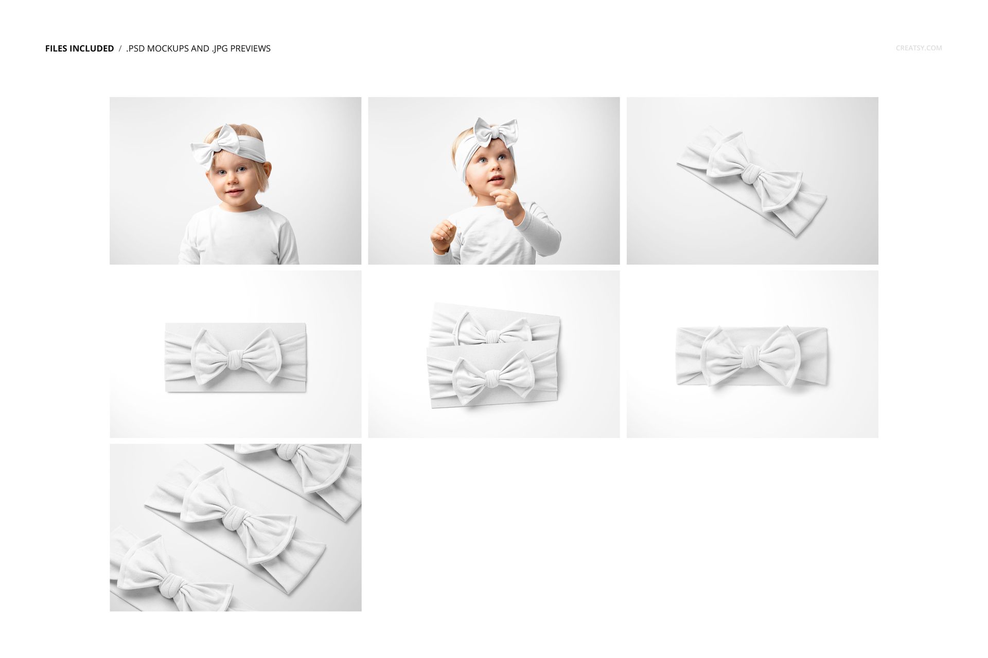 Kids adjustable bow tie style headband mockup set featuring white headbands in various angles and close-ups.
