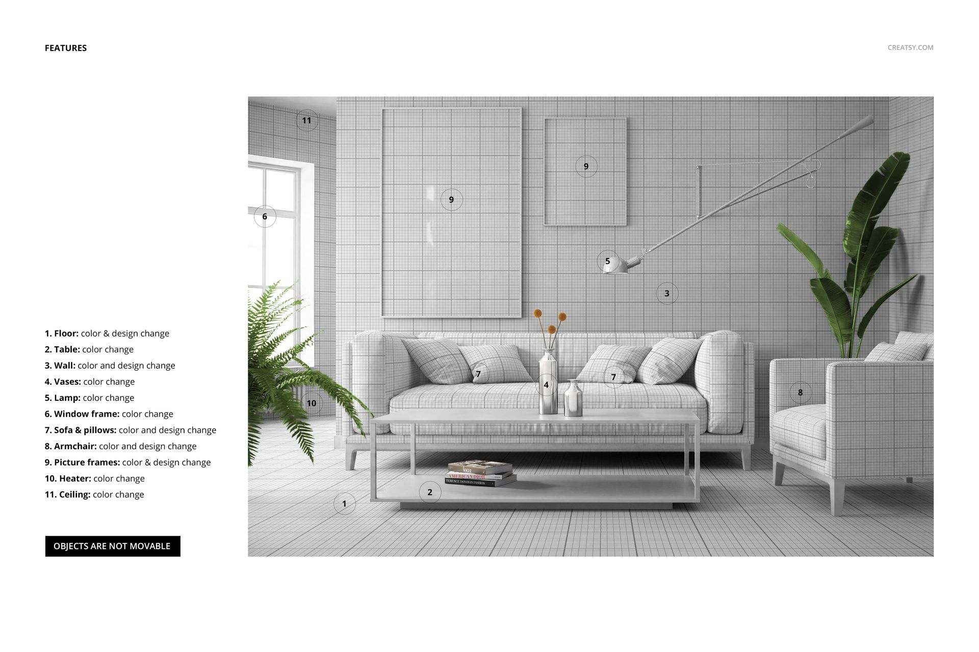 Front view of a contemporary living room mockup featuring a sofa, armchair, coffee table, and minimalist decor.