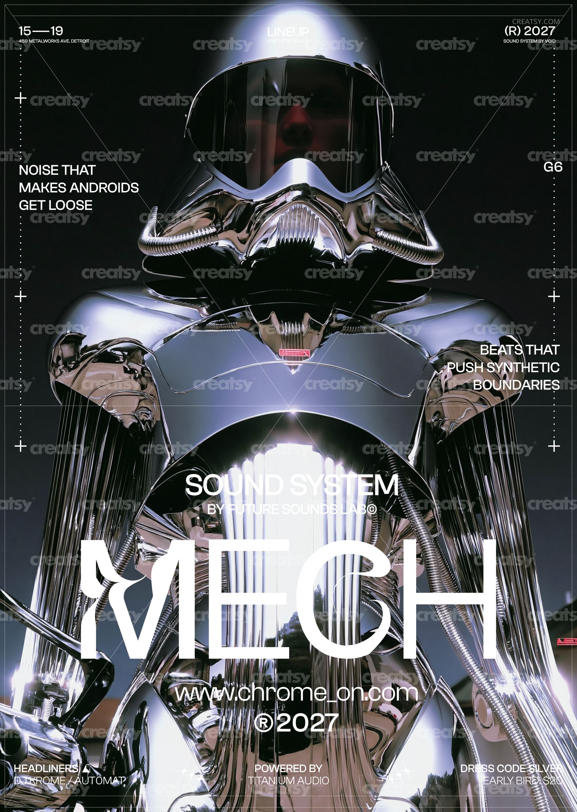 PSD mockup of a poster displaying a shiny chrome android in a sci-fi style, surrounded by techno-themed text elements.
