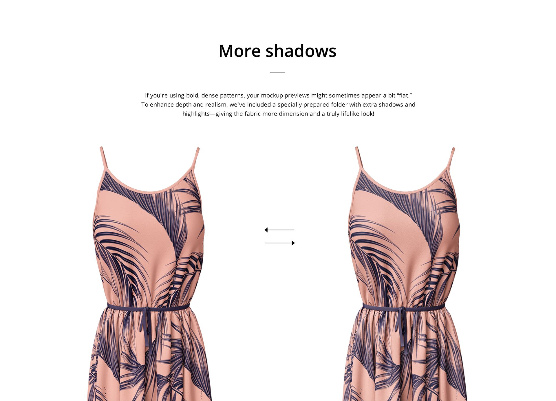 Front view of a long wavy dress mockup with thin straps, featuring a peach background and bold navy leaf patterns.