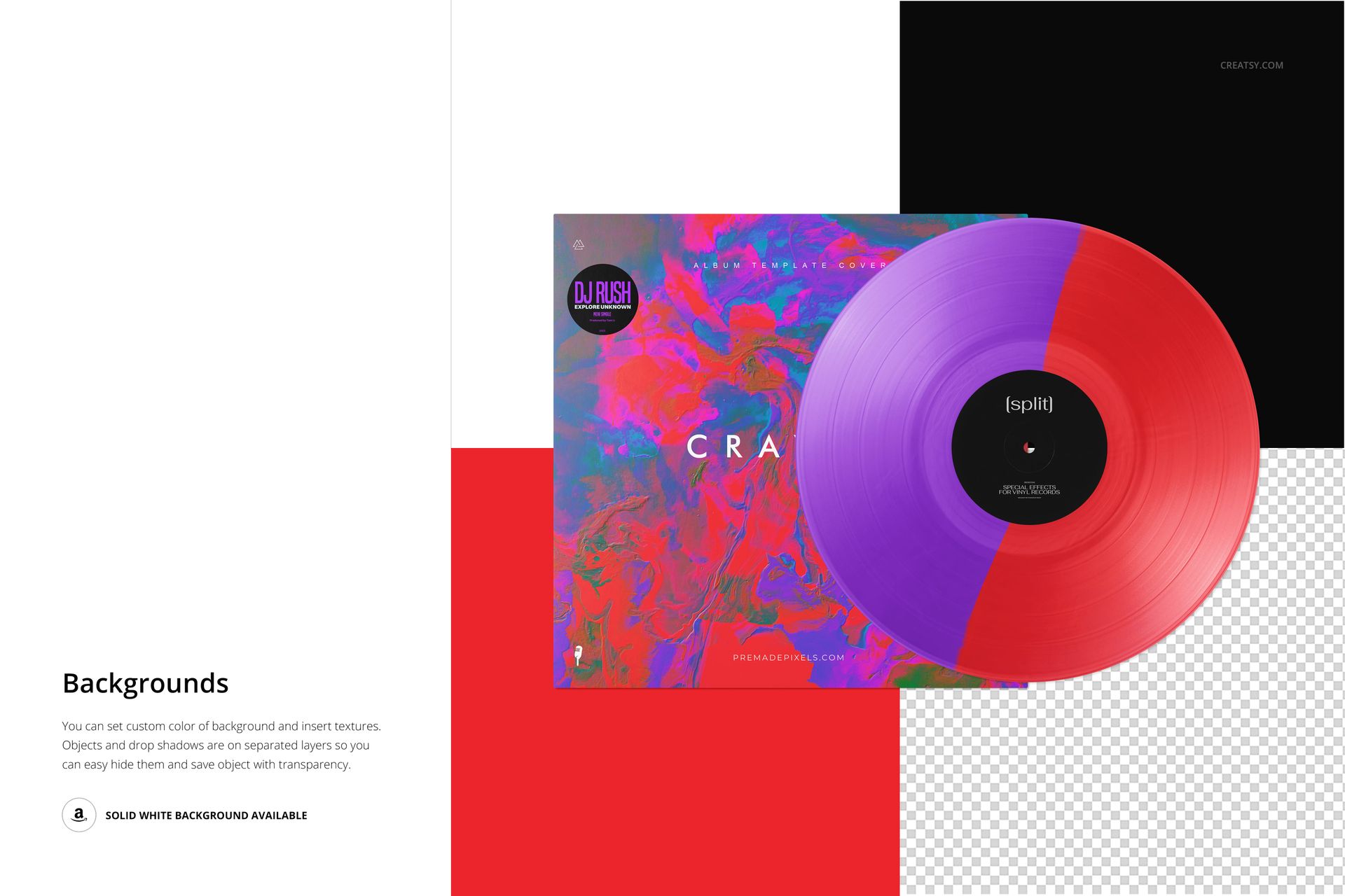 Front view of a vinyl record and cover mockup with a split effect, showing vibrant pink and purple colors on a square cover.