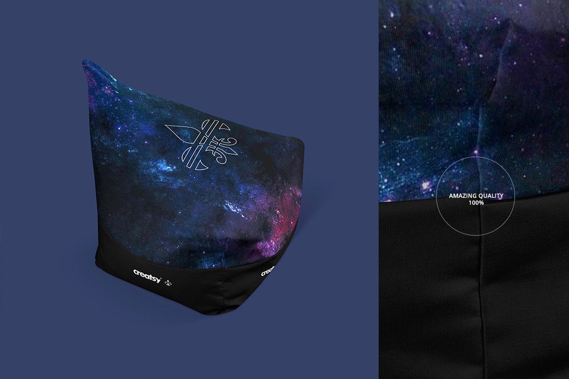 PSD mockup of a bean bag displaying a vibrant space pattern, close-up detail highlights fabric texture and stitching.