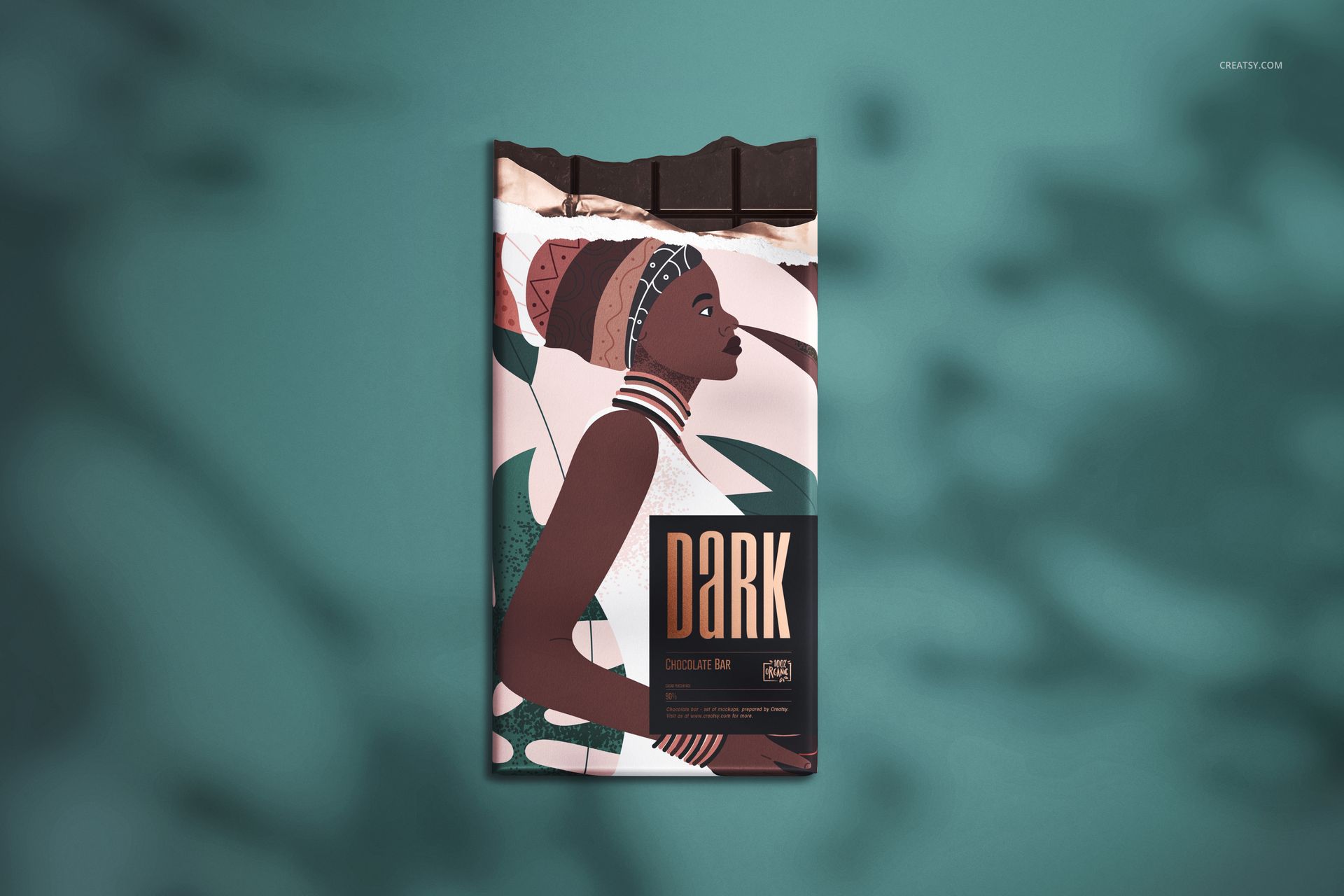 Chocolate bar packaging mockup featuring abstract artwork and dark color palette, front view on teal background.