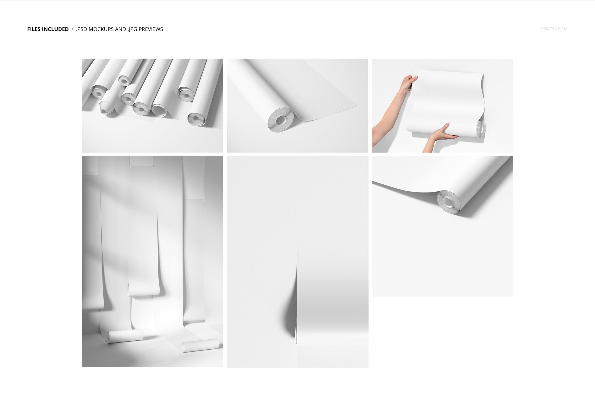 PSD mockup set featuring paper wallpaper in different formats, with close-ups and hands holding a roll against white.