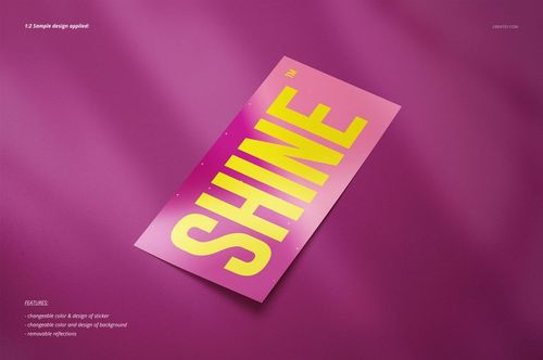 Sticker mockup featuring a rectangular design with large yellow lettering on a gradient pink background, angled view.