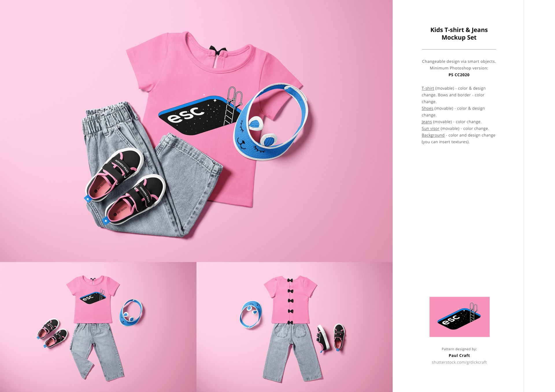 Flat lay of a kids’ fashion mockup set featuring a pink t-shirt, gray jeans, black shoes, and blue headphones on a pastel pink background.